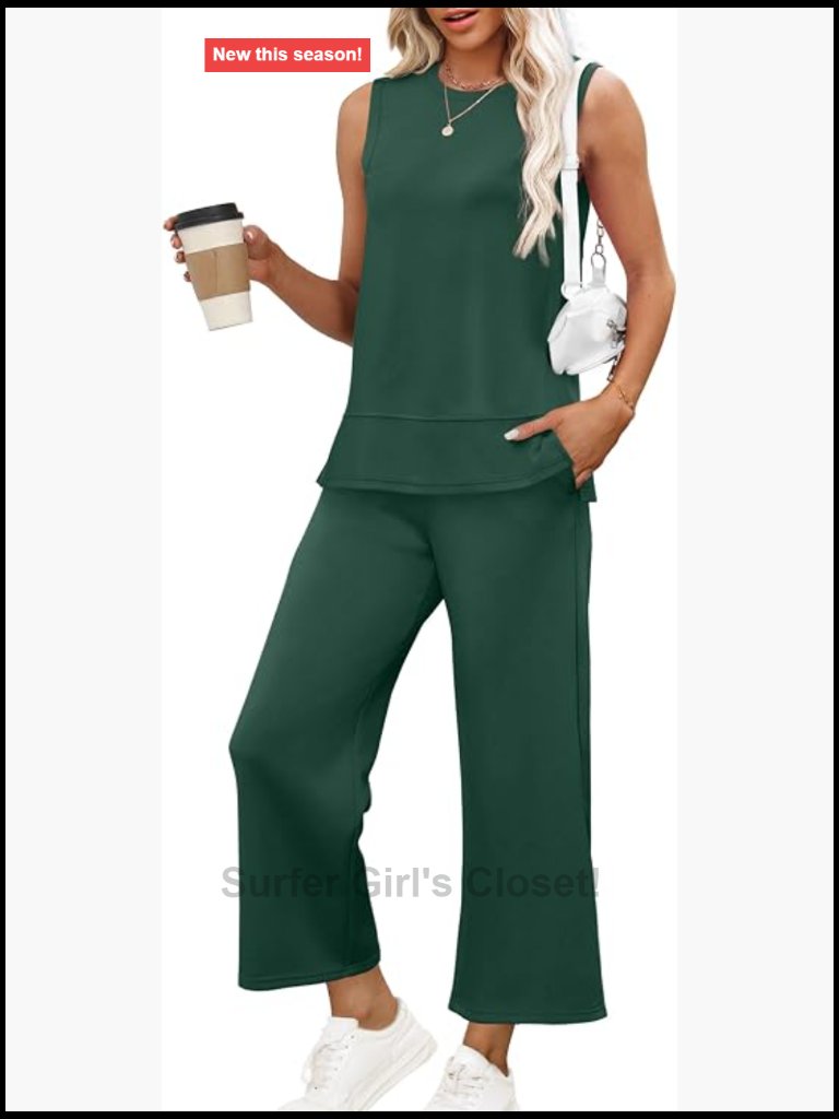 2 Piece Lounge Set Sleeveless Side Slit Top Wide Leg Cropped Pants S-3xl